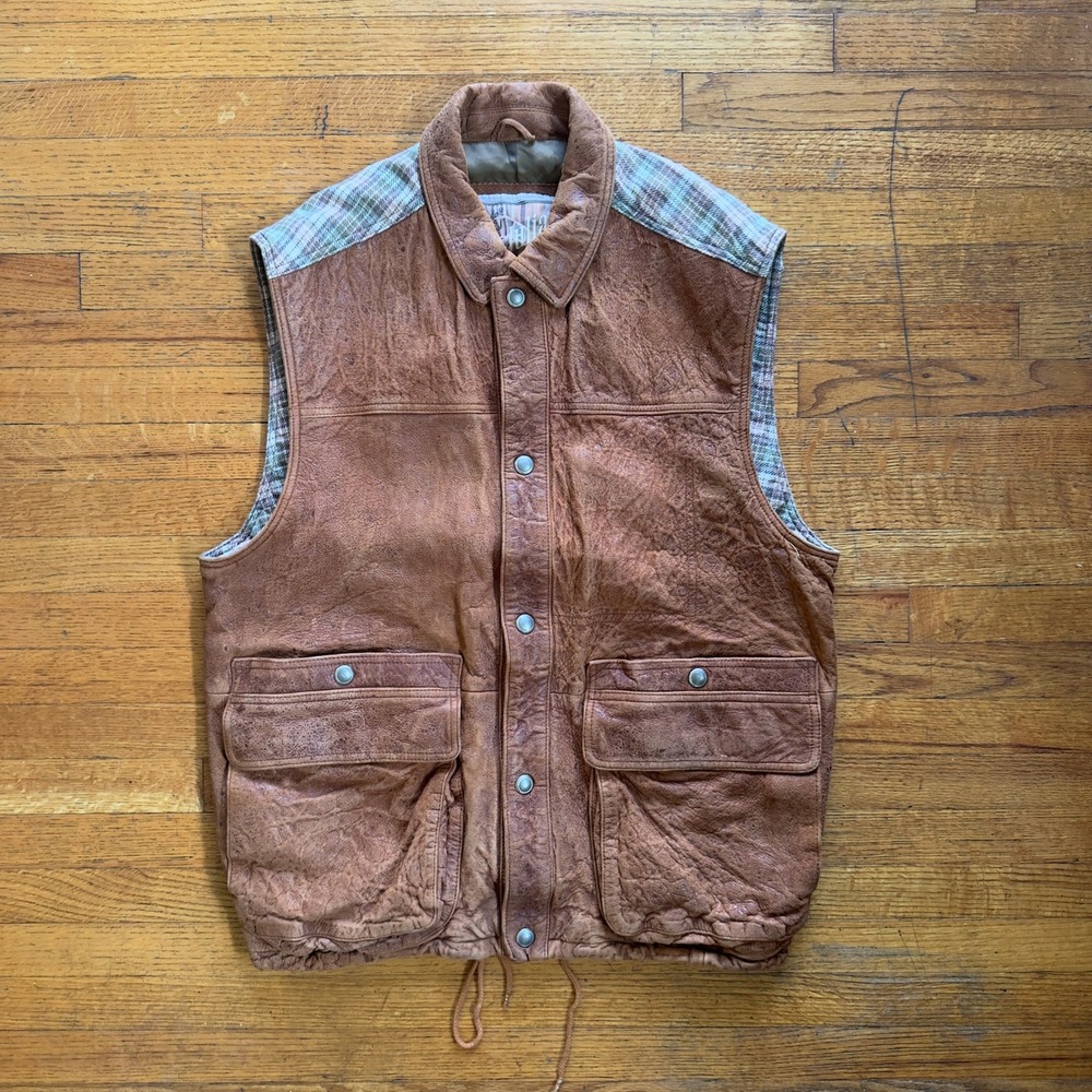 M. Julian Leather Vest Brown Plaid‎ L Motorcycle Western Outdoors Style Menswear